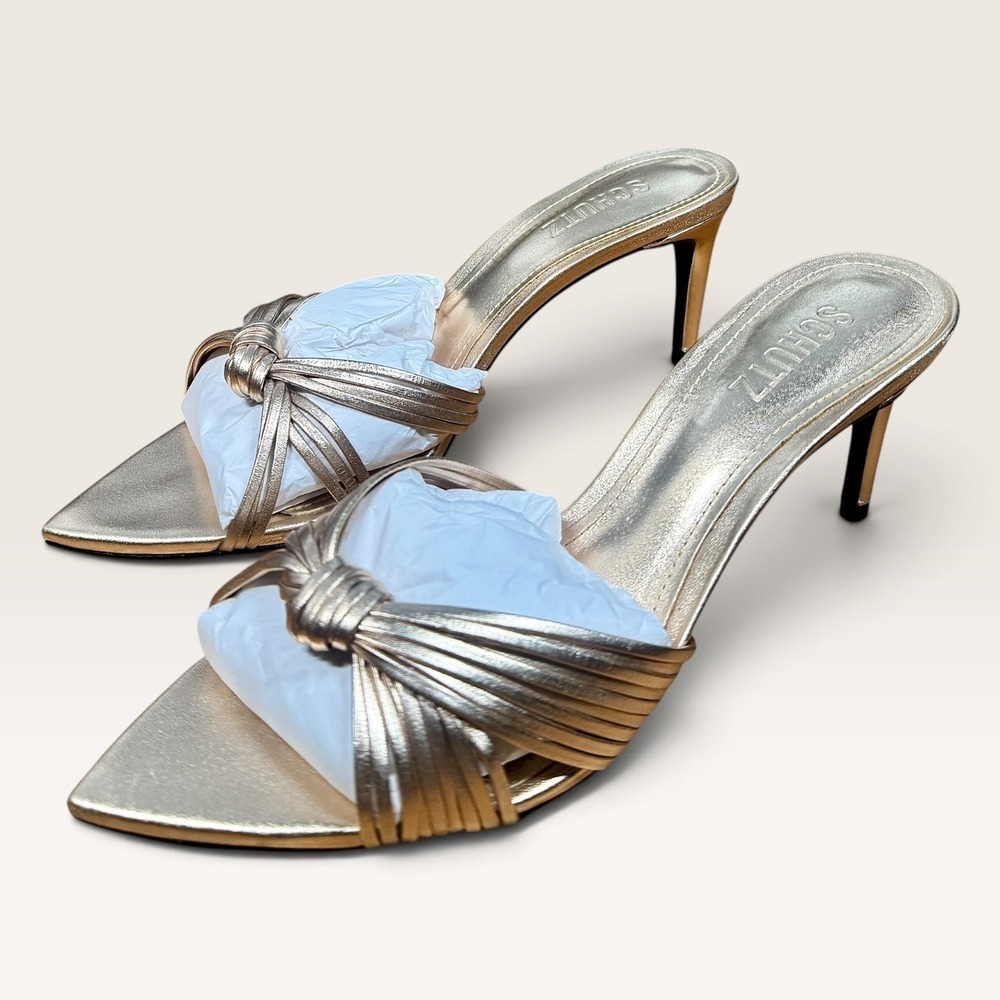 Schutz Platina Renee Leather Mules Metallic Gold US 9 Kitten Heel Strappy NWT